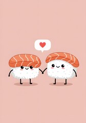 Cute Sushi Couple Holding Hands with Heart Icon