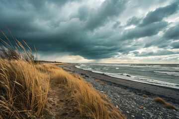 Dramatic stormy sky over a rocky beach with tall grasses and wavy ocean