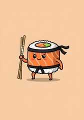 Cute Sushi Ninja Character Holding Chopsticks, Kawaii Food Art