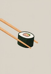 Cute Sushi Roll with Happy Face Held by Chopsticks