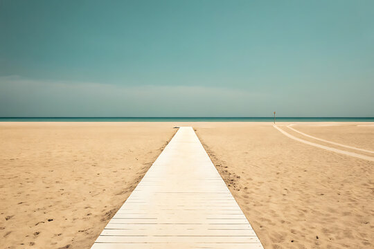 A serene wooden boardwalk leads directly towards the calm ocean horizon on a sandy beach