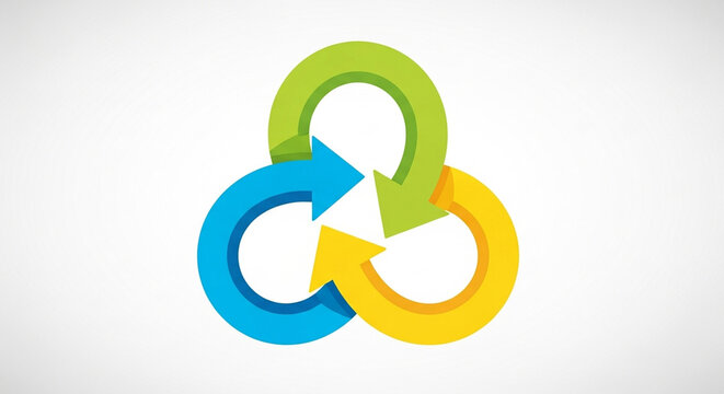 Three interlocking arrows forming a continuous cycle, symbolizing concepts of sustainability, teamwork, and an ongoing process often used in business or environmental contexts
