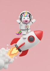 Cute Unicorn Astronaut Riding a Rocket into Space