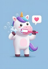 Cute Unicorn Brushing Teeth with Toothbrush and Toothpaste, Love Heart Icon