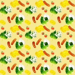 定番お弁当のおにぎり＆おかずのシームレスパターン　手描き水彩イラスト背景素材