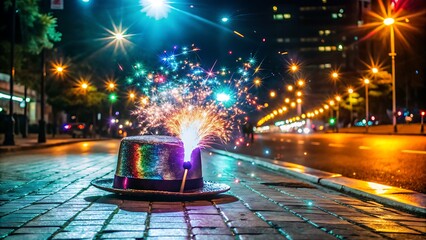 Sparkler on Top Hat on City Street at Night performer