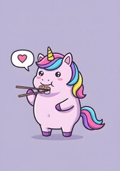 Cute Unicorn Eating Sushi with Chopsticks and Heart Bubble