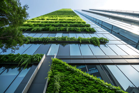 Modern skyscraper facade adorned with lush vertical gardens and reflective glass windows