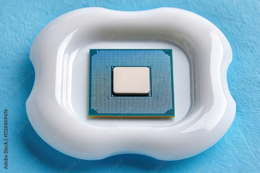 Aufkleber high-performance microprocessor showcased on a sleek white plate against a serene blue backdrop emph