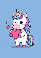 Cute Unicorn Holding Pink Heart, Kawaii Style, Love Symbol