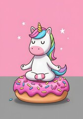 Cute Unicorn Meditating on a Pink Sprinkled Donut