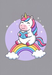 Cute Unicorn Reading Book on Rainbow and Clouds, Kawaii Style Illustration