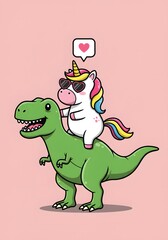 Cute Unicorn Riding a Dinosaur with Heart Sunglasses and Love Icon
