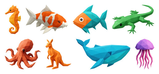 PNG Colorful geometric animal illustrations, element set on transparent background