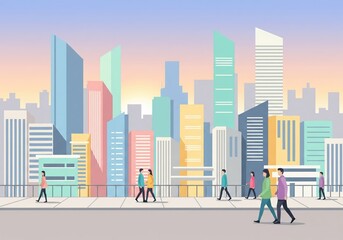 Pastel Colored Urban Scene with Pedestrians
