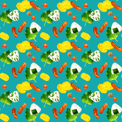 定番お弁当のおにぎり＆おかずのシームレスパターン　手描き水彩イラスト背景素材