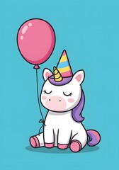 Cute Unicorn with Party Hat and Balloon, Kawaii Style