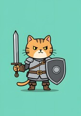 Cute Warrior Cat Holding Sword and Shield