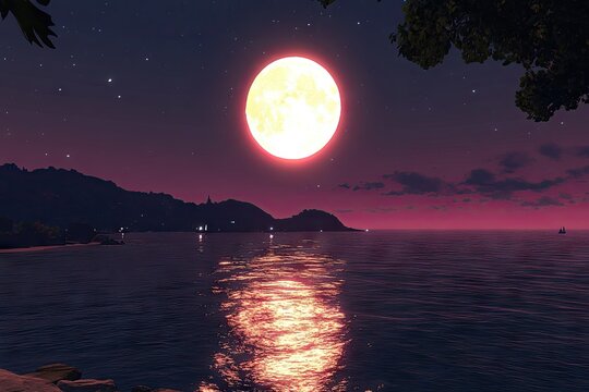 Night scene large moon over a tranquil beach
