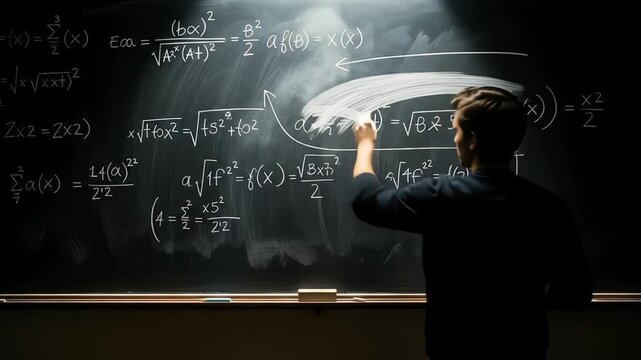 A student writes complex math equations on a chalkboard.