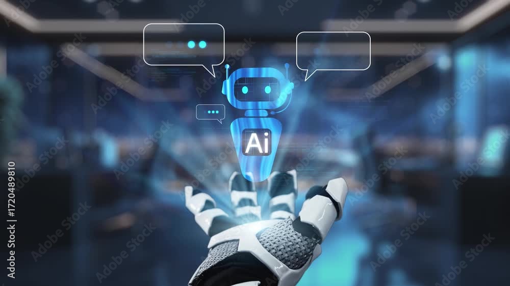 Poster a robotic hand extends to showcase icons representing artificial intelligence and digital communicat