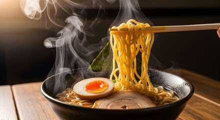 Steaming Ramen Noodles with Closeup.