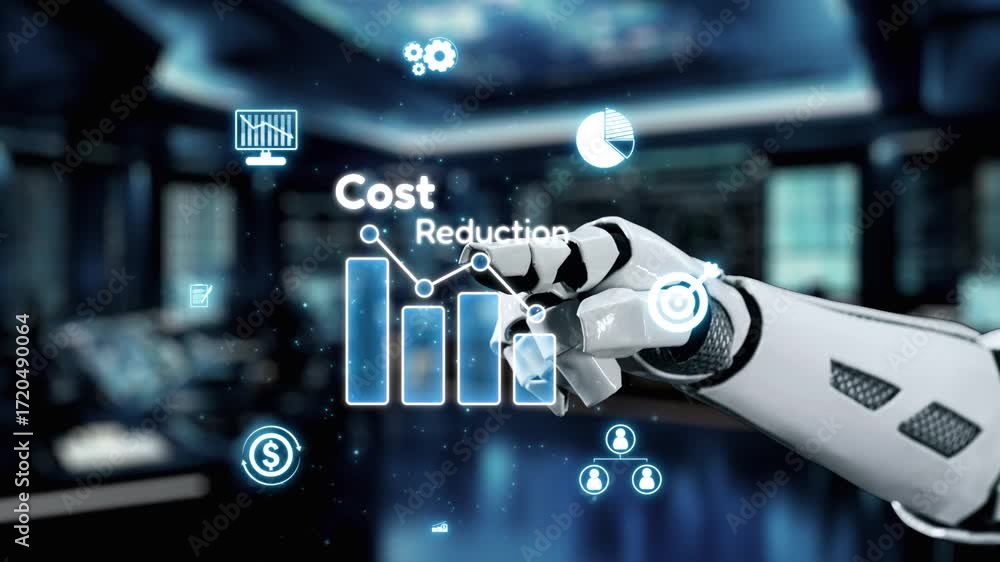 Aufkleber a robotic hand reaches out to interact with glowing graphs representing cost reduction strategies in