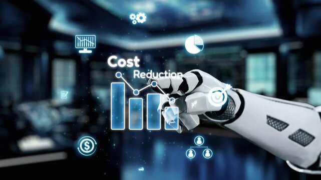 A robotic hand reaches out to interact with glowing graphs representing cost reduction strategies in a modern business environment, highlighting technology integration. Auvana
