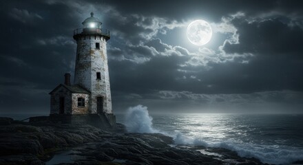 Obraz premium Majestic Lighthouse under a Full Moon A Nighttime Seascape