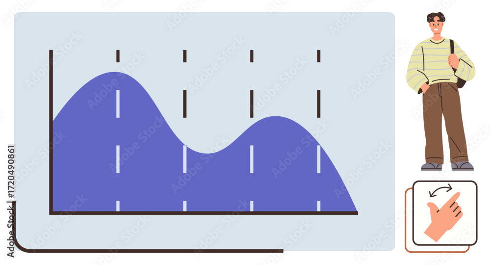 Poster wavy graph with dashed metrics, hand gesture for interaction, casual student standing. ideal for dat