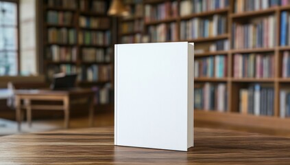 Blank Hardcover Book Mockup on Wooden Table in Library Setting