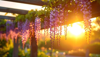 Sunlight filters through hanging lavender wisteria blossoms on a wooden pergola at dusk. A golden glow emanates