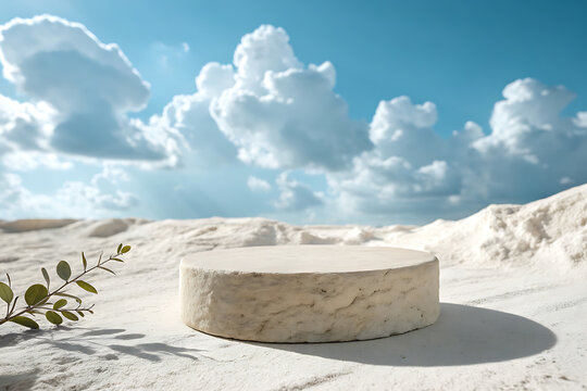 Minimalist stone pedestal on a sandy beach under a dramatic cloudy sky