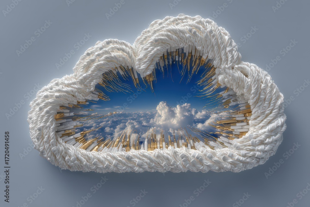 Poster whimsical depiction of a cloud structure crafted from intricately woven white fibers seamlessly merg