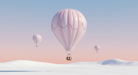 Obraz premium Pastel Pink Hot Air Balloons Soaring Over a Snowy Landscape