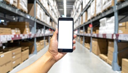 Person Holding Smartphone in Warehouse Aisle