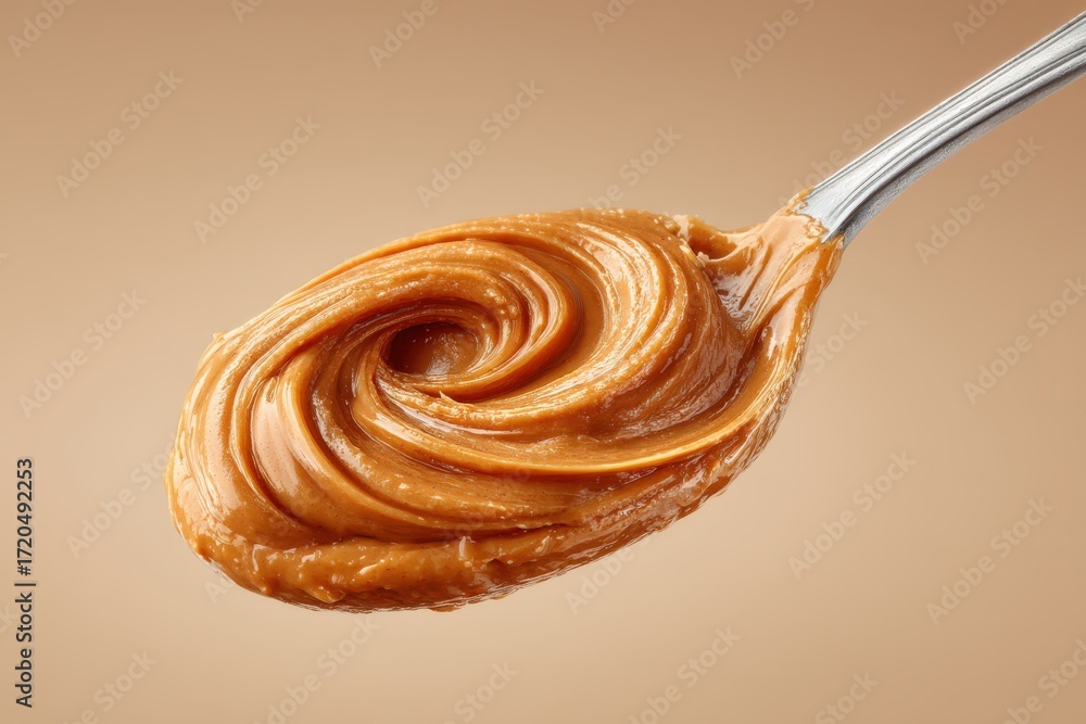Poster creamy nut butter swirled on a metallic spoon presenting an appetizing texture against a subtle beig