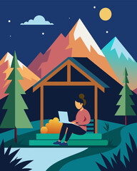 Obraz premium A peaceful scene of someone using their laptop on the porch of a cozy mountain getaway.. Vector illustration