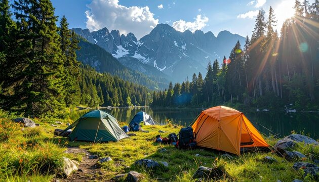 Labor Day weekend camping adventure tents, hiking gear, families enjoying endofsummer outdoor activities - Powered by Adobe