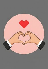 Hands forming a heart shape with a red heart icon above, representing love and connection