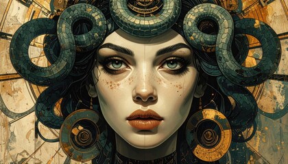 Portrait of a Woman with Snake Hair and Gold Accents