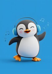 Happy 3D Cartoon Penguin Dancing and Listening to Music with Headphones
