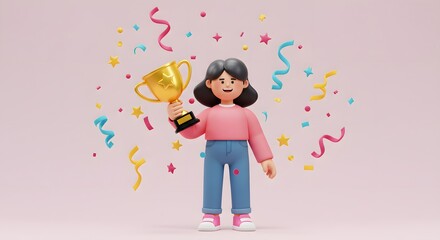 Happy 3D Character Holding Trophy with Confetti and Stars