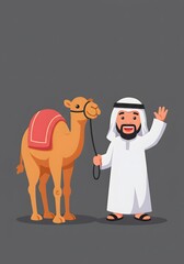 Happy Arabian Man in Traditional Clothing with Camel