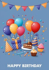 Happy Birthday Celebration with Balloons, Cake, Gift, and Party Hats