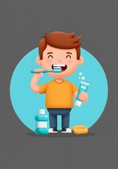 Happy Boy Brushing Teeth with Toothpaste, Mouthwash, and Soap for Oral Hygiene