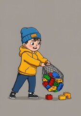 Happy Boy Carrying Bag Full of Colorful Building Blocks Toys