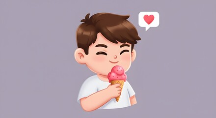 Happy Boy Eating Ice Cream with Love Icon
