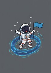 Happy Cartoon Astronaut Planting a Flag in Space