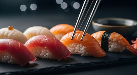 Sushi assortment with chopsticks, and dark background.